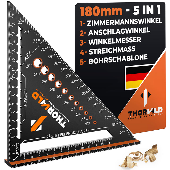 THORVALD Zimmermannswinkel 5-in-1 - Winkelmesser Anschlagwinkel - Aluminiumwinkel mit 180 mm Schenkellänge zum präzisen Anreißen &amp; Zeichnen/Multifunktional Perfekt um Zeit zu sparen
