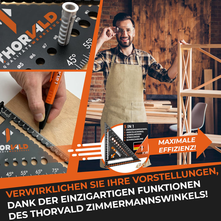 THORVALD Zimmermannswinkel 5-in-1 - Winkelmesser Anschlagwinkel - Aluminiumwinkel mit 180 mm Schenkellänge zum präzisen Anreißen &amp; Zeichnen/Multifunktional Perfekt um Zeit zu sparen