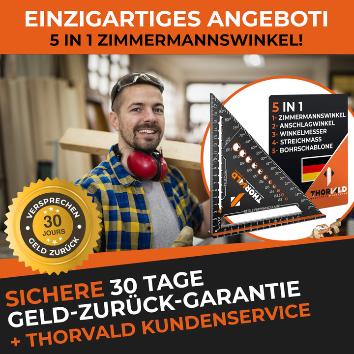 THORVALD Zimmermannswinkel 5-in-1 - Winkelmesser Anschlagwinkel - Aluminiumwinkel mit 180 mm Schenkellänge zum präzisen Anreißen &amp; Zeichnen/Multifunktional Perfekt um Zeit zu sparen