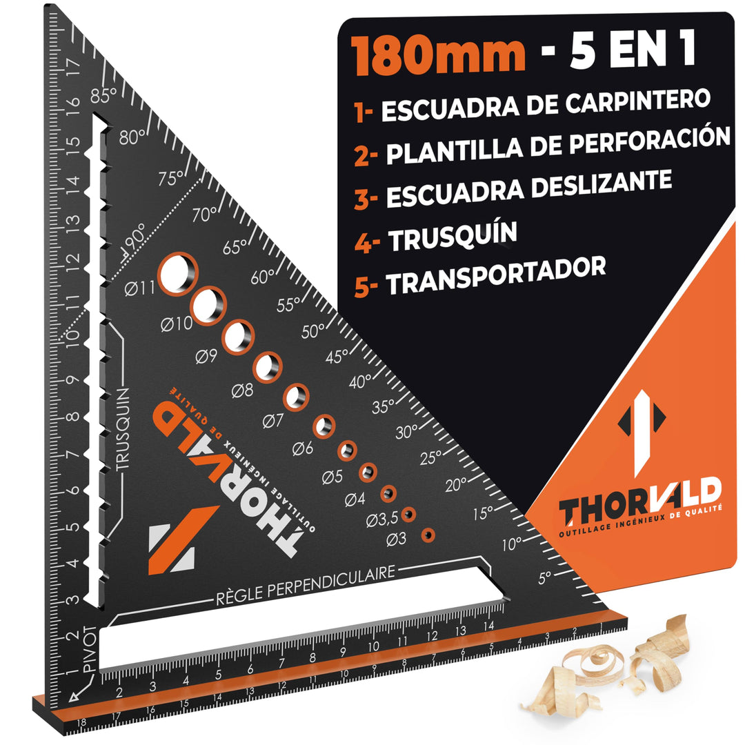 THORVALD 5 en 1 Escuadra Carpintero 180 mm – Multifunción: Trusquin/Transportador/Plantilla de Perforación/Escuadra de Deslizamiento – Aluminio – Herramienta para Ganar Tiempo