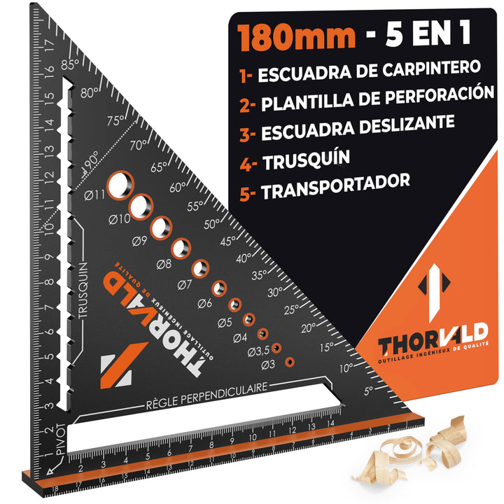 THORVALD 5 en 1 Escuadra Carpintero 180 mm – Multifunción: Trusquin/Transportador/Plantilla de Perforación/Escuadra de Deslizamiento – Aluminio – Herramienta para Ganar Tiempo