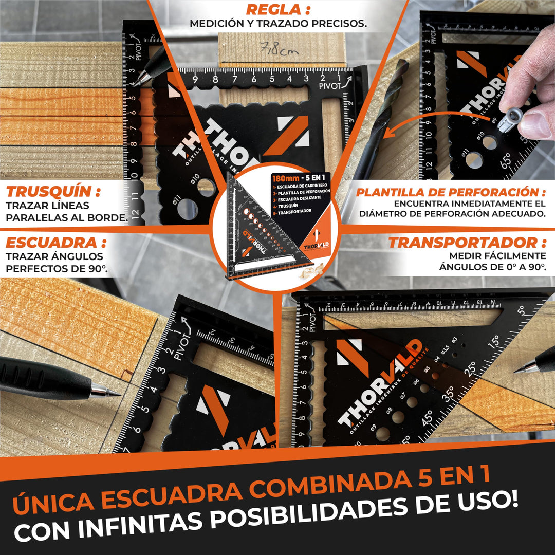 THORVALD 5 en 1 Escuadra Carpintero 180 mm – Multifunción: Trusquin/Transportador/Plantilla de Perforación/Escuadra de Deslizamiento – Aluminio – Herramienta para Ganar Tiempo