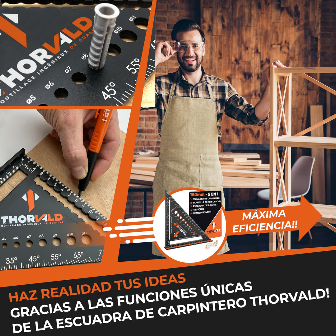 THORVALD 5 en 1 Escuadra Carpintero 180 mm – Multifunción: Trusquin/Transportador/Plantilla de Perforación/Escuadra de Deslizamiento – Aluminio – Herramienta para Ganar Tiempo