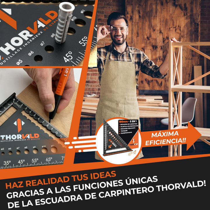 THORVALD 5 en 1 Escuadra Carpintero 180 mm – Multifunción: Trusquin/Transportador/Plantilla de Perforación/Escuadra de Deslizamiento – Aluminio – Herramienta para Ganar Tiempo
