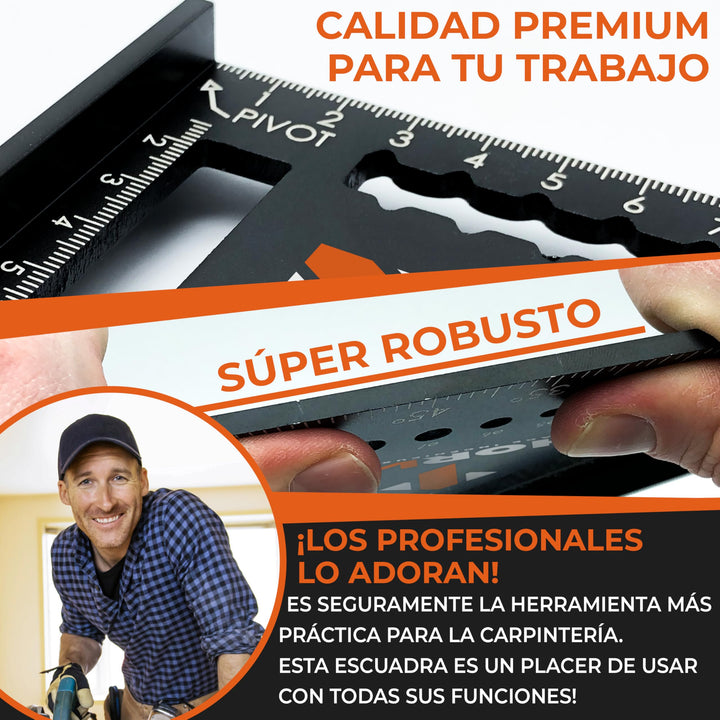 THORVALD 5 en 1 Escuadra Carpintero 180 mm – Multifunción: Trusquin/Transportador/Plantilla de Perforación/Escuadra de Deslizamiento – Aluminio – Herramienta para Ganar Tiempo