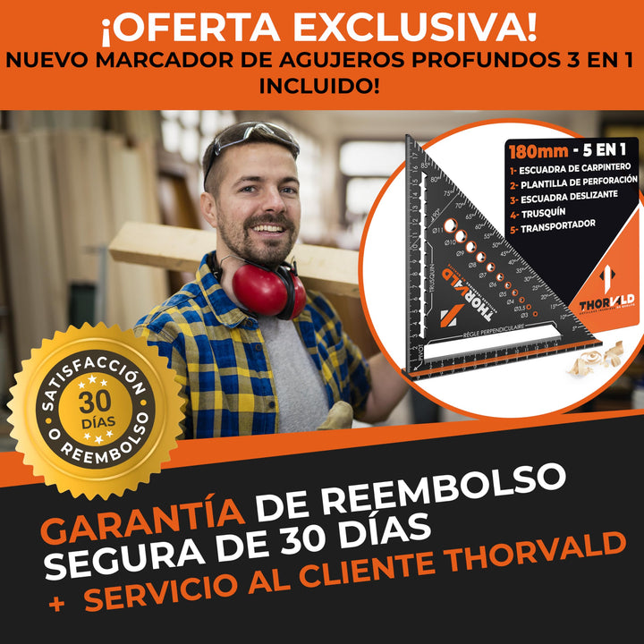 THORVALD 5 en 1 Escuadra Carpintero 180 mm – Multifunción: Trusquin/Transportador/Plantilla de Perforación/Escuadra de Deslizamiento – Aluminio – Herramienta para Ganar Tiempo