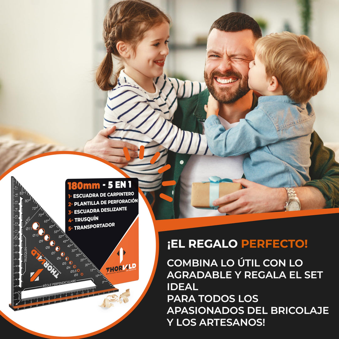 THORVALD 5 en 1 Escuadra Carpintero 180 mm – Multifunción: Trusquin/Transportador/Plantilla de Perforación/Escuadra de Deslizamiento – Aluminio – Herramienta para Ganar Tiempo