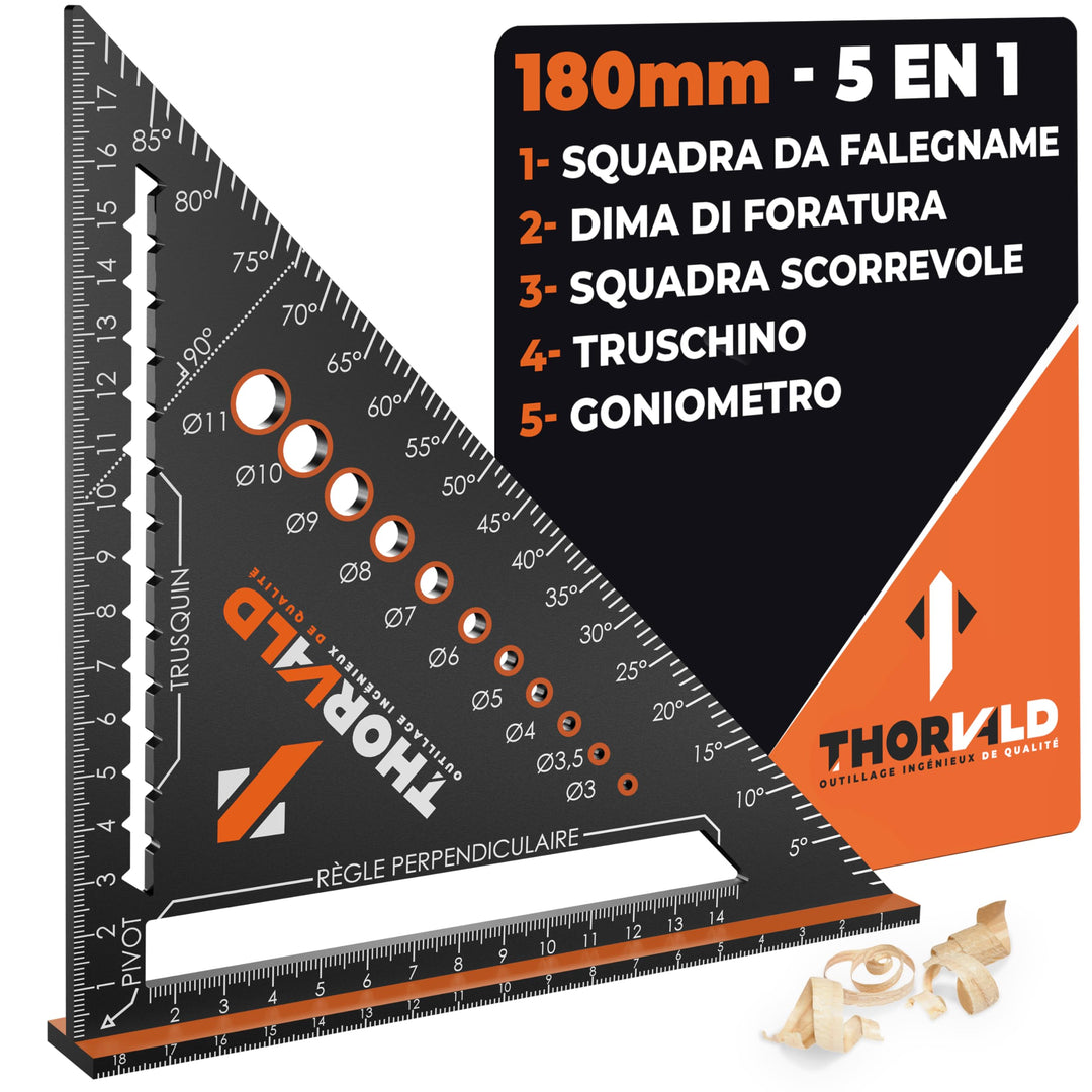 THORVALD Squadra da Falegname 5 in 1 da 180 mm - Multifunzione: Tracciatore/Goniometro/Modello di Misurazione/Squadra a cappello - Alluminio - Strumento per Risparmiare Tempo
