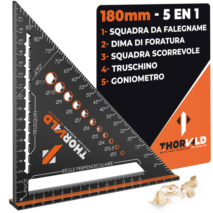 THORVALD Squadra da Falegname 5 in 1 da 180 mm - Multifunzione: Tracciatore/Goniometro/Modello di Misurazione/Squadra a cappello - Alluminio - Strumento per Risparmiare Tempo