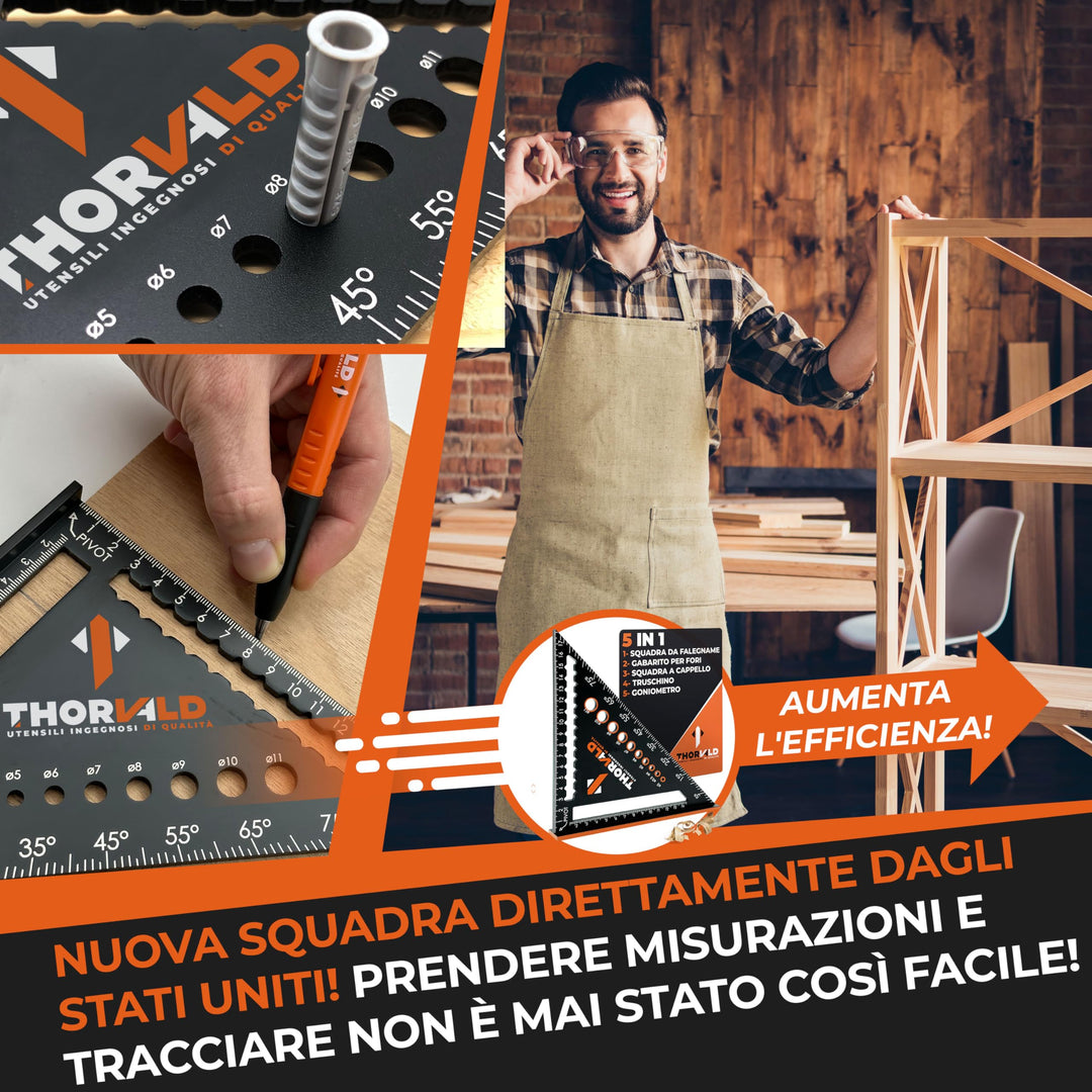 THORVALD Squadra da Falegname 5 in 1 da 180 mm - Multifunzione: Tracciatore/Goniometro/Modello di Misurazione/Squadra a cappello - Alluminio - Strumento per Risparmiare Tempo