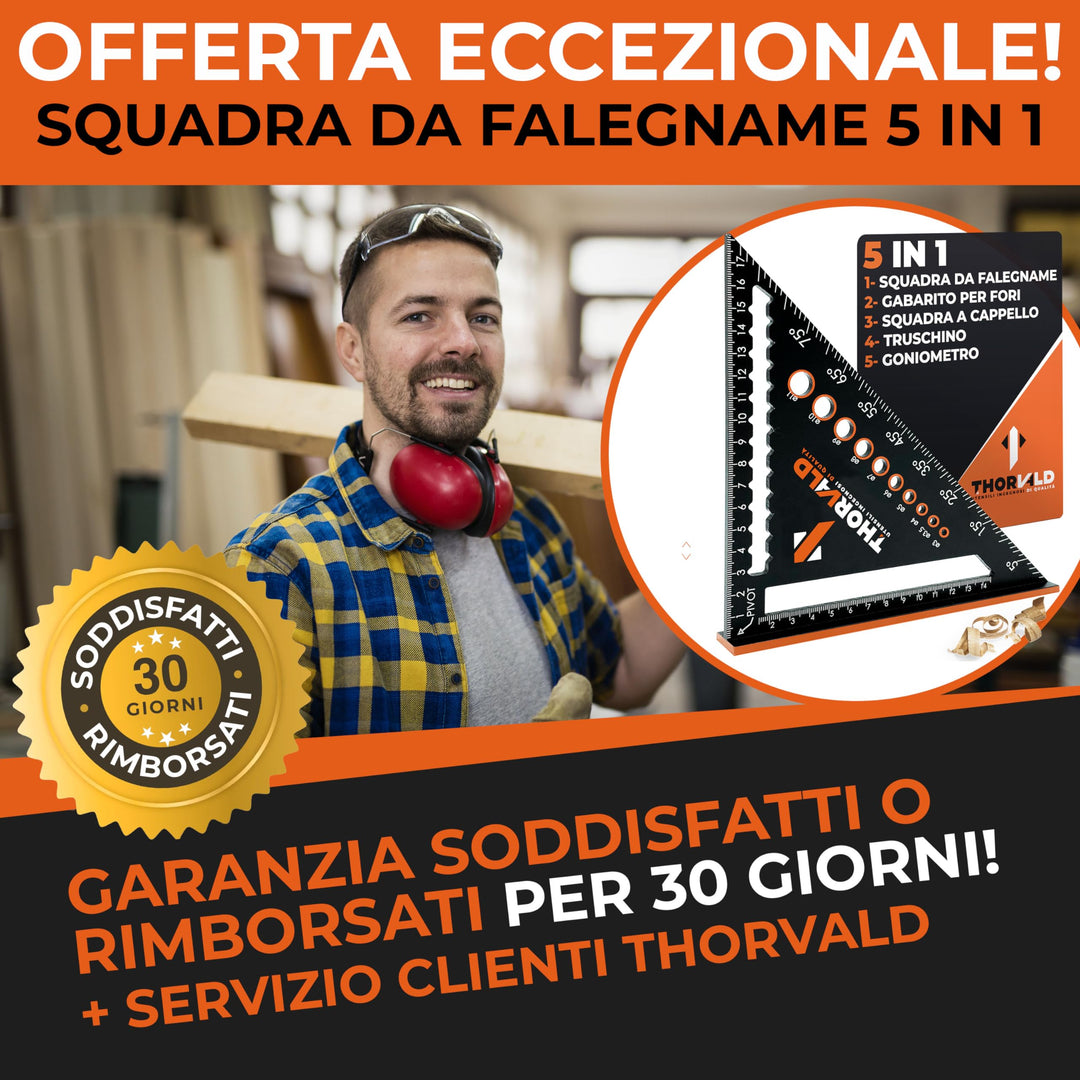 THORVALD Squadra da Falegname 5 in 1 da 180 mm - Multifunzione: Tracciatore/Goniometro/Modello di Misurazione/Squadra a cappello - Alluminio - Strumento per Risparmiare Tempo