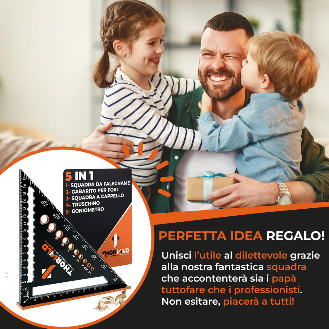 THORVALD Squadra da Falegname 5 in 1 da 180 mm - Multifunzione: Tracciatore/Goniometro/Modello di Misurazione/Squadra a cappello - Alluminio - Strumento per Risparmiare Tempo