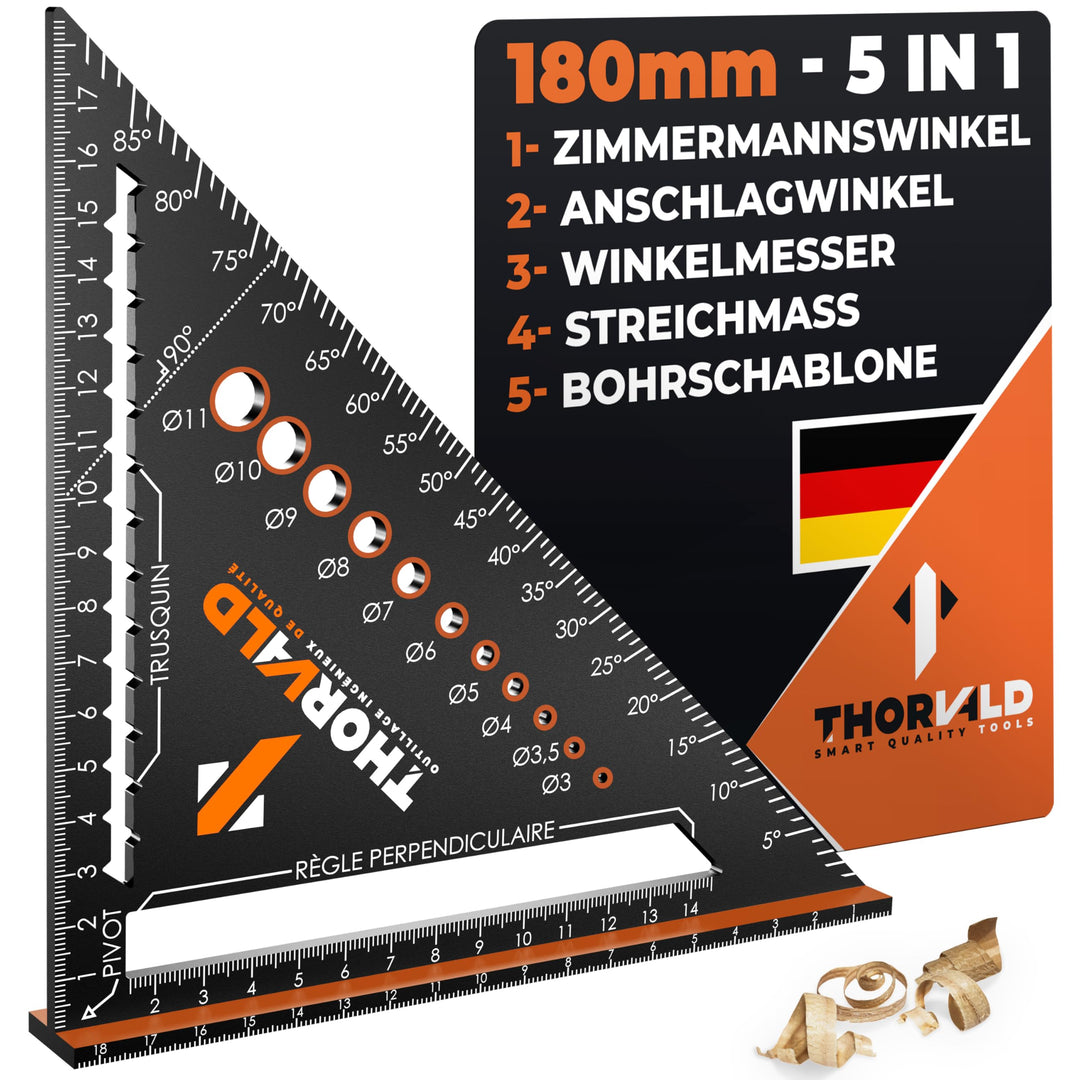 THORVALD Timmermanshoek 5-in-1 – gradenboog aanslaghoek – aluminium hoek met 180 mm beenlengte voor nauwkeurig schetsen en tekenen/multifunctioneel, perfect om tijd te besparen