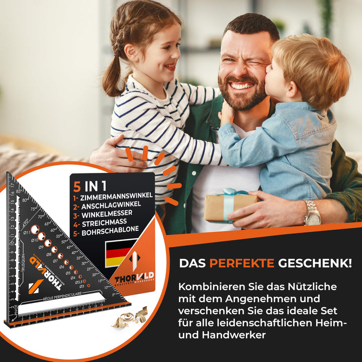 THORVALD Timmermanshoek 5-in-1 – gradenboog aanslaghoek – aluminium hoek met 180 mm beenlengte voor nauwkeurig schetsen en tekenen/multifunctioneel, perfect om tijd te besparen