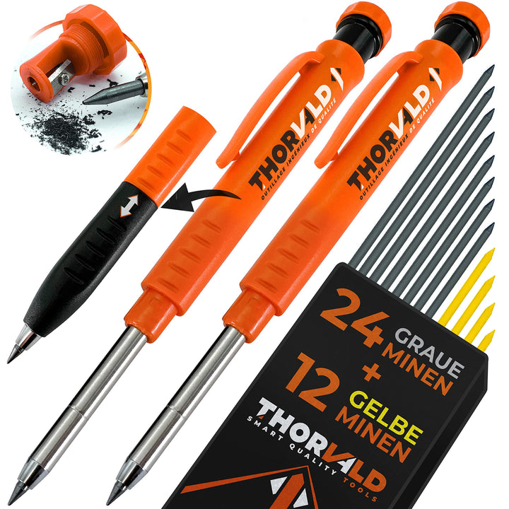 THORVALD 2x Robuster Zimmermannsbleistift mit 38 Minen, Spitzer &amp; Schreibaufsatz – Tieflochmarker Druckbleistift für Handwerker – Perfekt für Baustelle, Holz, Metall &amp; Beton