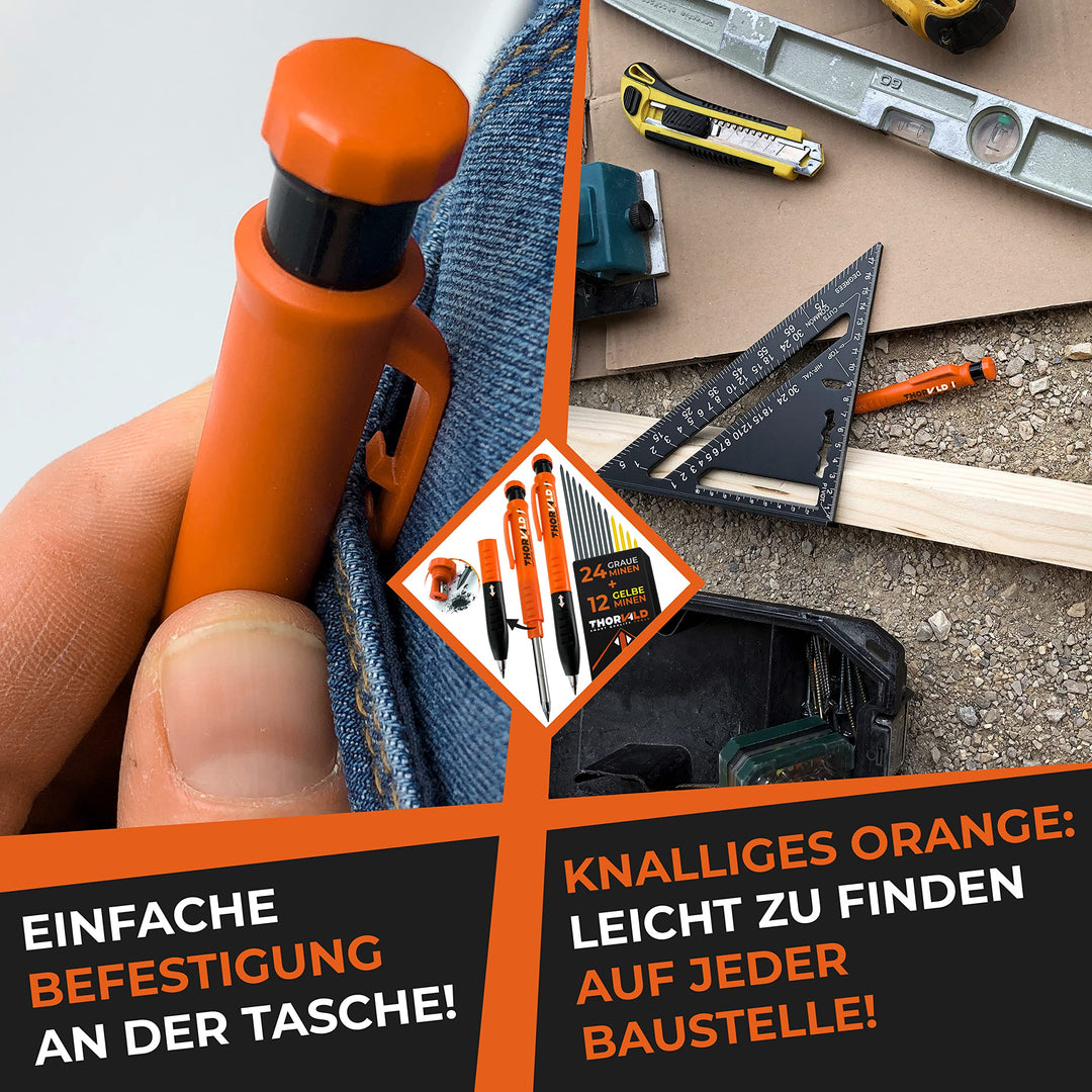 THORVALD 2x Robuster Zimmermannsbleistift mit 38 Minen, Spitzer &amp; Schreibaufsatz – Tieflochmarker Druckbleistift für Handwerker – Perfekt für Baustelle, Holz, Metall &amp; Beton