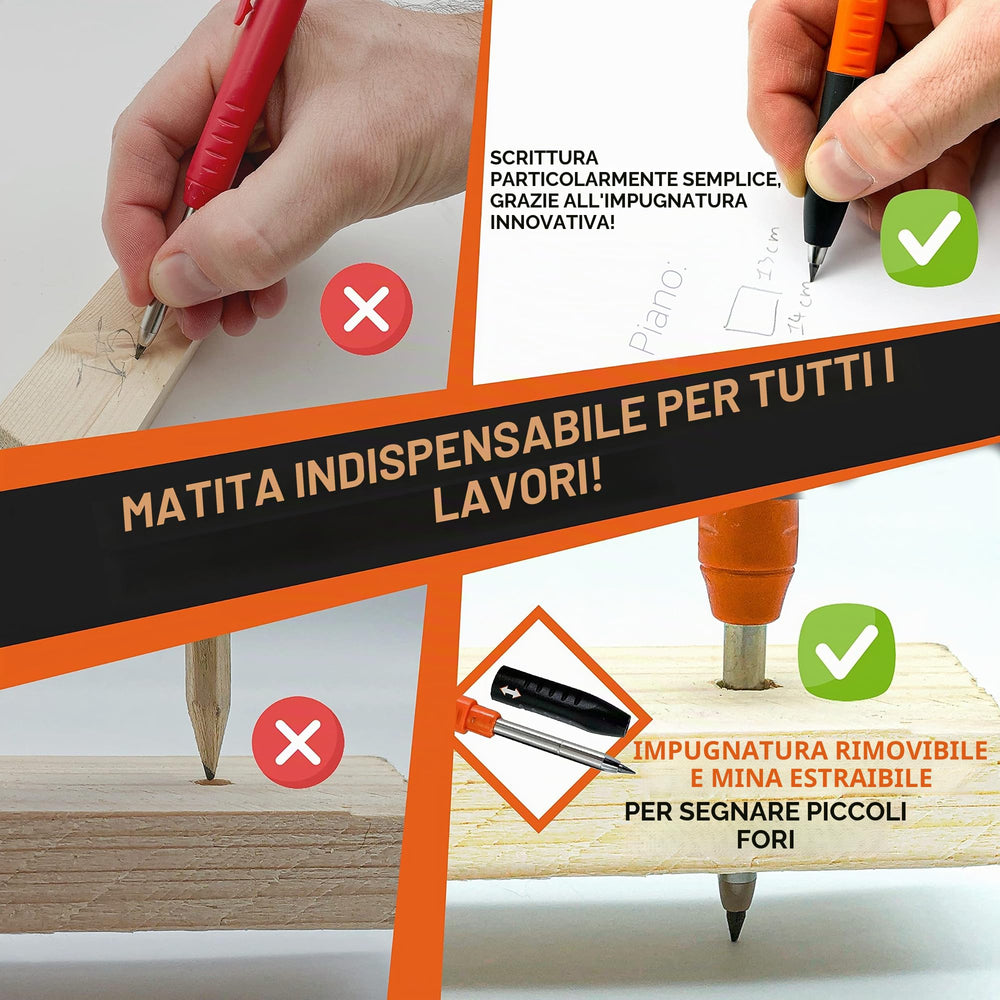 THORVALD 2 matite da falegname allungabili [+ 38 mine + temperamatite + impugnatura facile da scrivere] per falegname tuttofare fai da te per disegnare, scrivere tracciare su legno, metallo