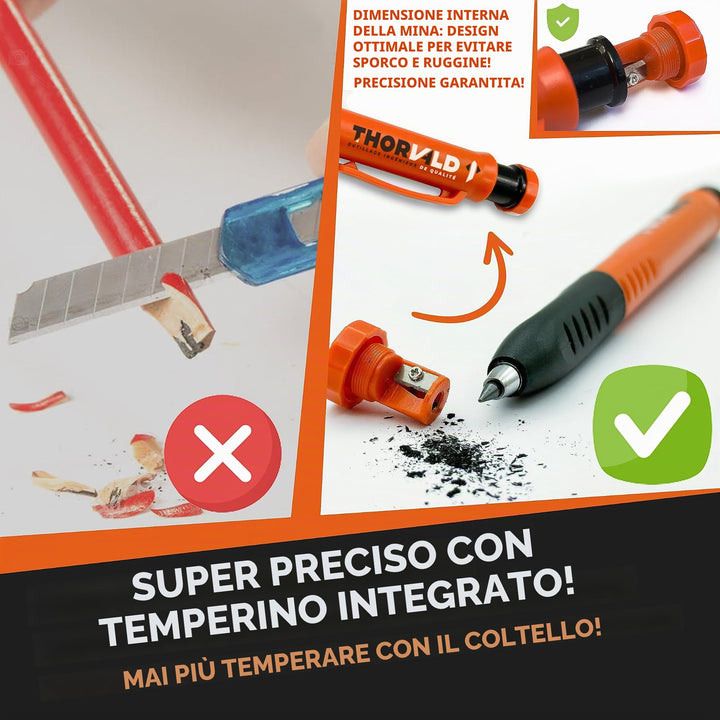 THORVALD 2 matite da falegname allungabili [+ 38 mine + temperamatite + impugnatura facile da scrivere] per falegname tuttofare fai da te per disegnare, scrivere tracciare su legno, metallo