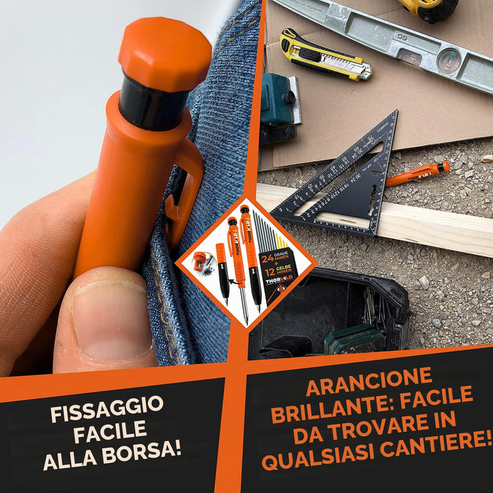 THORVALD 2 matite da falegname allungabili [+ 38 mine + temperamatite + impugnatura facile da scrivere] per falegname tuttofare fai da te per disegnare, scrivere tracciare su legno, metallo