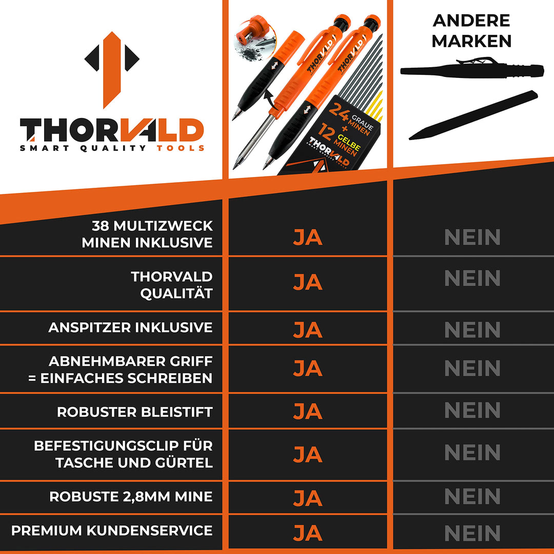 THORVALD 2 matite da falegname allungabili [+ 38 mine + temperamatite + impugnatura facile da scrivere] per falegname tuttofare fai da te per disegnare, scrivere tracciare su legno, metallo