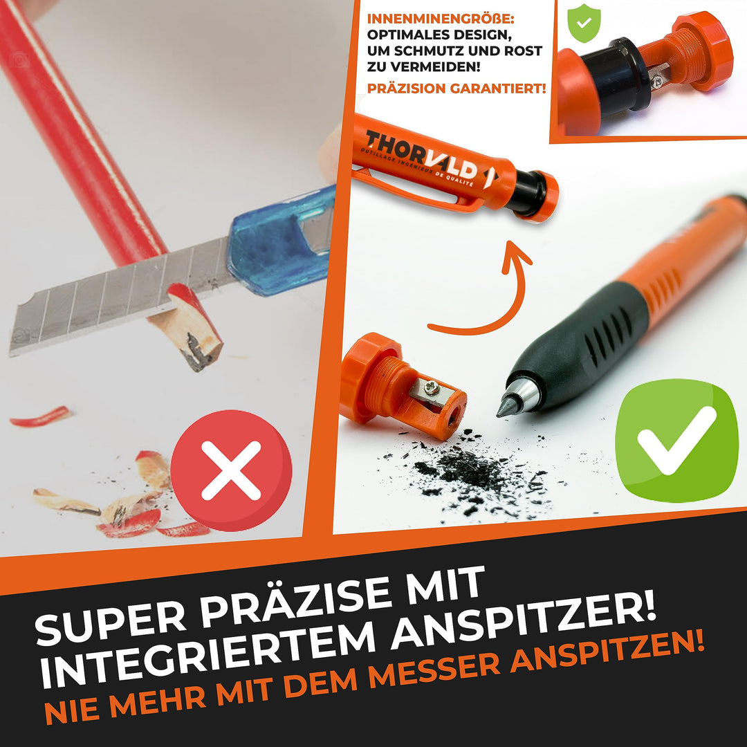 THORVALD 2 Pro uitbreidbaar timmerpotlood [+ 38 loodslijpers + gemakkelijk te schrijven grip] voor timmerman klusjesman doe-het-zelf voor tekenen schrijven tracing op houten metalen betonnen tegels