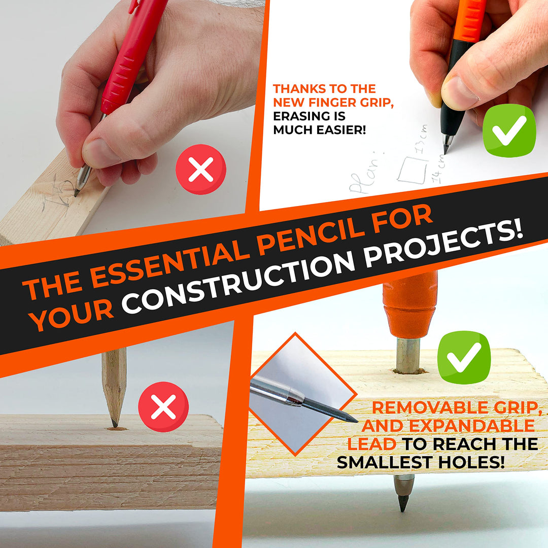 THORVALD 2 Pro Extensible Carpenters Pencil [+ 38 Leads + Lead Sharpener + Easy-Write Grip] For Carpenter Handyman DIY for Drawing Writing Tracing on Wood Metal Concrete Tile