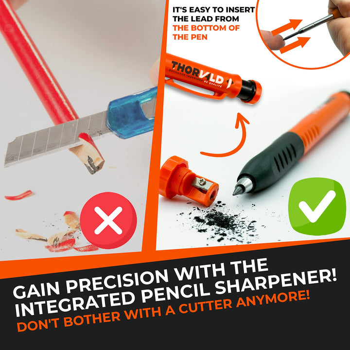 THORVALD 2 Pro Extensible Carpenters Pencil [+ 38 Leads + Lead Sharpener + Easy-Write Grip] For Carpenter Handyman DIY for Drawing Writing Tracing on Wood Metal Concrete Tile