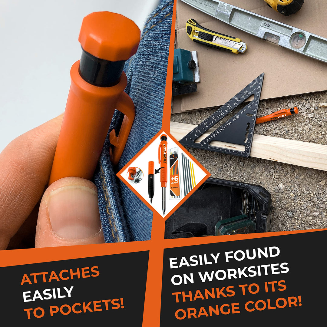 THORVALD 2 Pro Extensible Carpenters Pencil [+ 38 Leads + Lead Sharpener + Easy-Write Grip] For Carpenter Handyman DIY for Drawing Writing Tracing on Wood Metal Concrete Tile