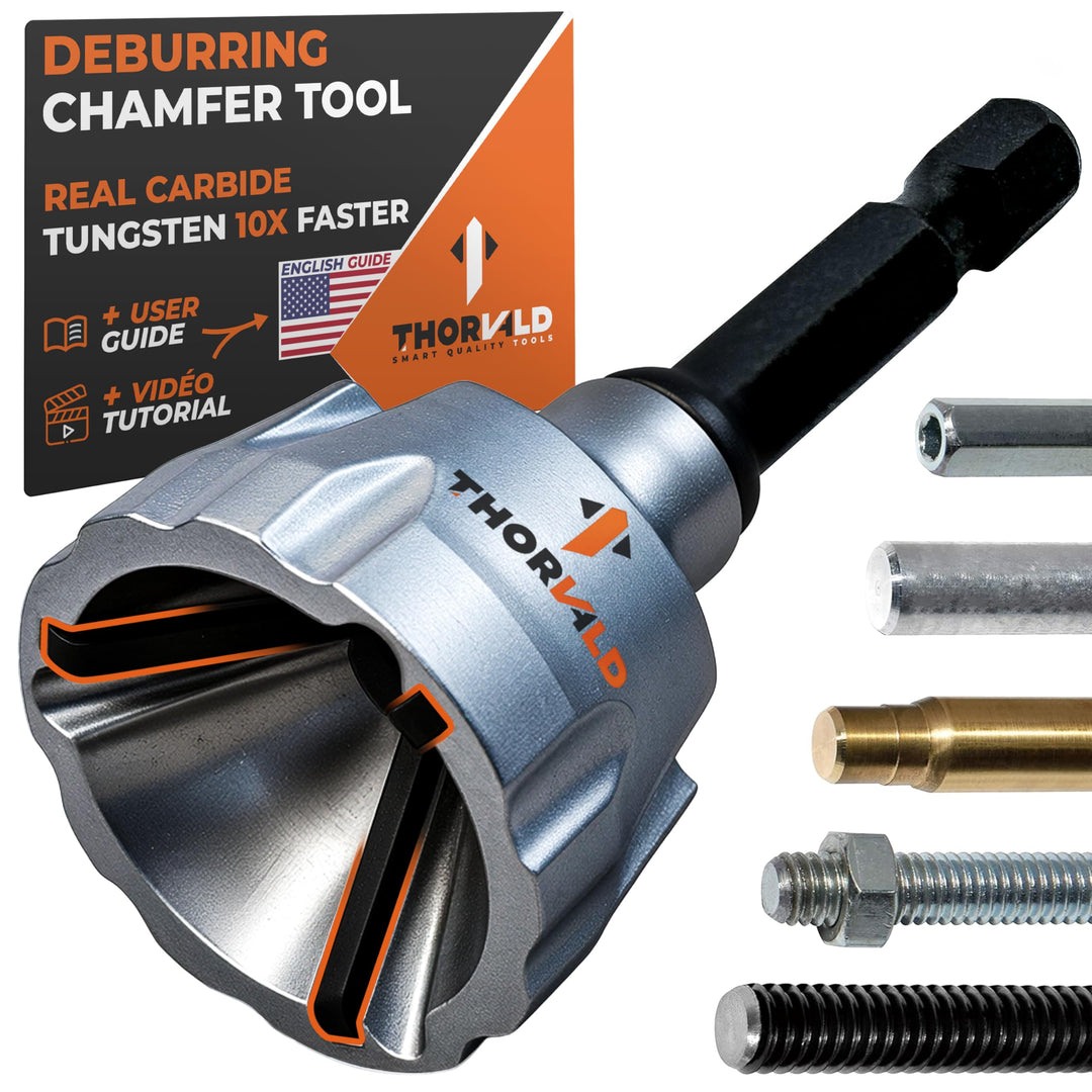 THORVALD Deburring External Chamfer Tool with Tungsten Carbide Blade - Deburr Tool for All Thread, All Metal Rod, Pipe, PVC, 3D Printing - 1/8" to 3/4" Diameter (3~19mm) - User Guide + Video Tutorial