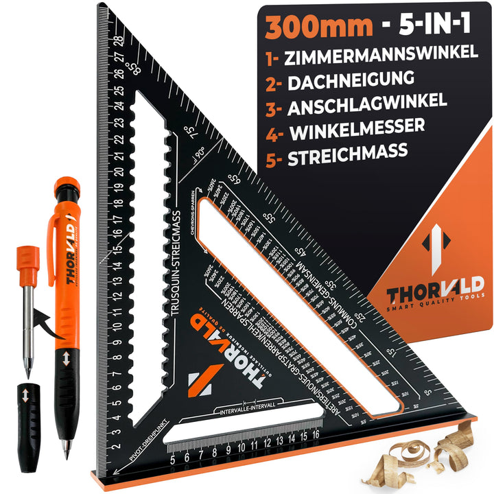 THORVALD Zimmermannswinkel 5-in-1 300 mm Winkelmesser Anschlagwinkel - Inkl. Tieflochmarker - Aluminiumwinkel zum präzisen Anreißen &amp; Zeichnen/Multifunktional Perfekt um Zeit zu sparen