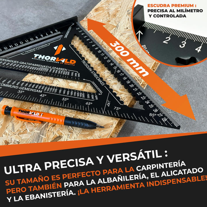 THORVALD 5 en 1 Escuadra Carpintero 300 mm + Lápiz de Obra – Multifunción: Trusquin/Transportador/Corte de Viga/Escuadra de Deslizamiento – Aluminio – Herramienta para Ganar Tiempo