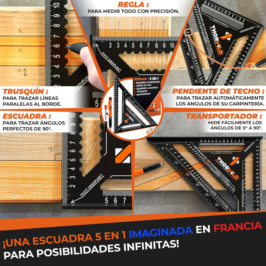 THORVALD 5 en 1 Escuadra Carpintero 300 mm + Lápiz de Obra – Multifunción: Trusquin/Transportador/Corte de Viga/Escuadra de Deslizamiento – Aluminio – Herramienta para Ganar Tiempo