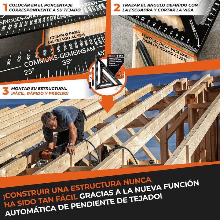 THORVALD 5 en 1 Escuadra Carpintero 300 mm + Lápiz de Obra – Multifunción: Trusquin/Transportador/Corte de Viga/Escuadra de Deslizamiento – Aluminio – Herramienta para Ganar Tiempo