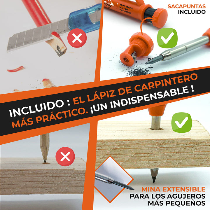 THORVALD 5 en 1 Escuadra Carpintero 300 mm + Lápiz de Obra – Multifunción: Trusquin/Transportador/Corte de Viga/Escuadra de Deslizamiento – Aluminio – Herramienta para Ganar Tiempo