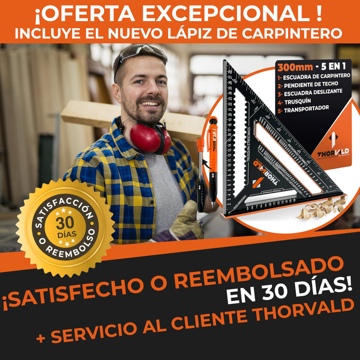 THORVALD 5 en 1 Escuadra Carpintero 300 mm + Lápiz de Obra – Multifunción: Trusquin/Transportador/Corte de Viga/Escuadra de Deslizamiento – Aluminio – Herramienta para Ganar Tiempo