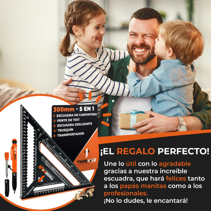 THORVALD 5 en 1 Escuadra Carpintero 300 mm + Lápiz de Obra – Multifunción: Trusquin/Transportador/Corte de Viga/Escuadra de Deslizamiento – Aluminio – Herramienta para Ganar Tiempo