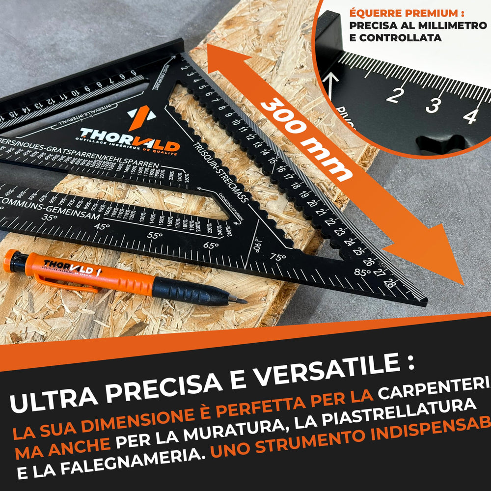 THORVALD Squadra da falegname 5 in 1-300 mm in alluminio + Tieflochmarker - Multifunzionale: Streichmass, Goniometro, Squadra per cappello, Pendenza del tetto – Precisa e robusta