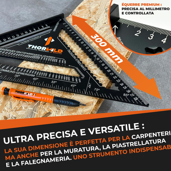 THORVALD Squadra da falegname 5 in 1-300 mm in alluminio + Tieflochmarker - Multifunzionale: Streichmass, Goniometro, Squadra per cappello, Pendenza del tetto – Precisa e robusta