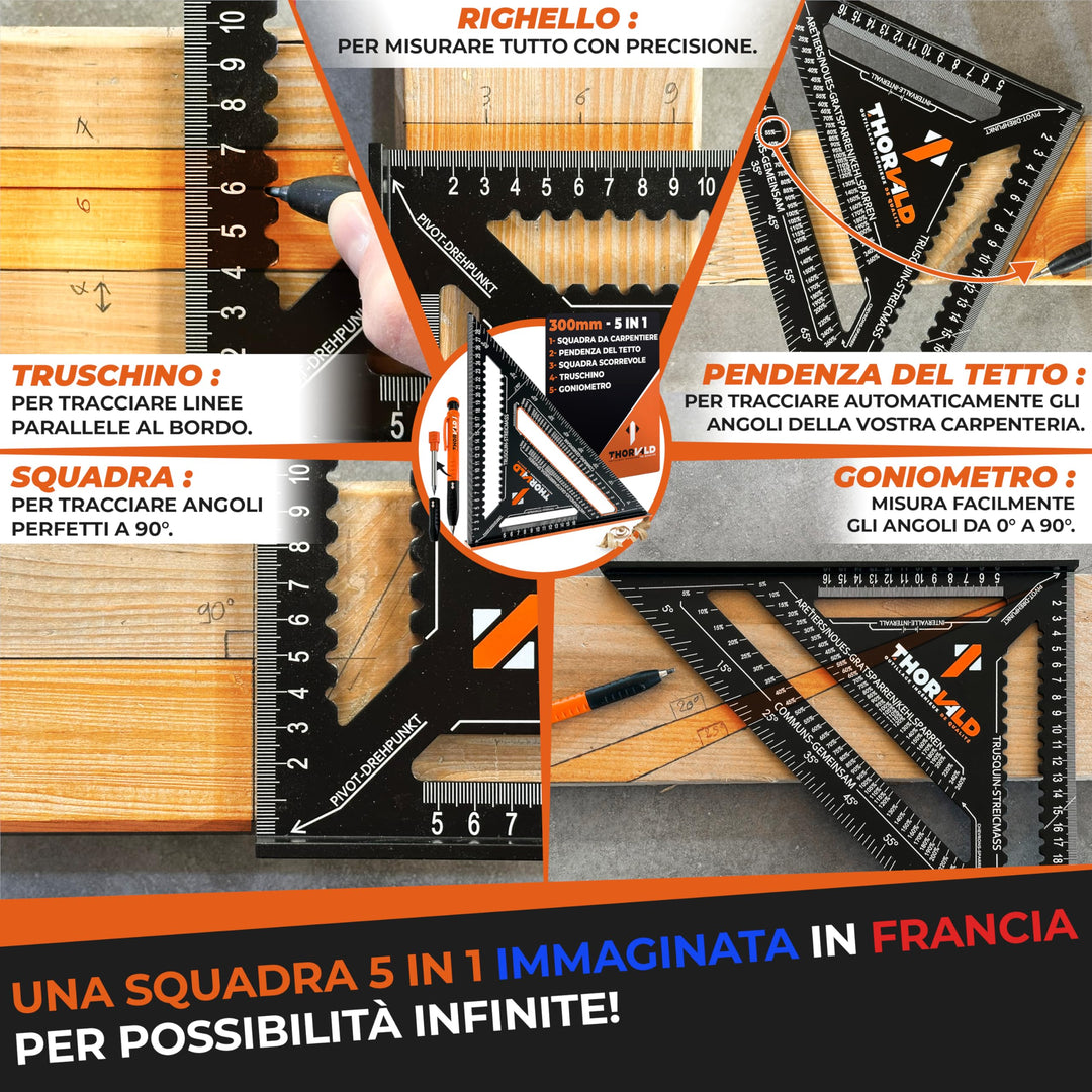 THORVALD Squadra da falegname 5 in 1-300 mm in alluminio + Tieflochmarker - Multifunzionale: Streichmass, Goniometro, Squadra per cappello, Pendenza del tetto – Precisa e robusta