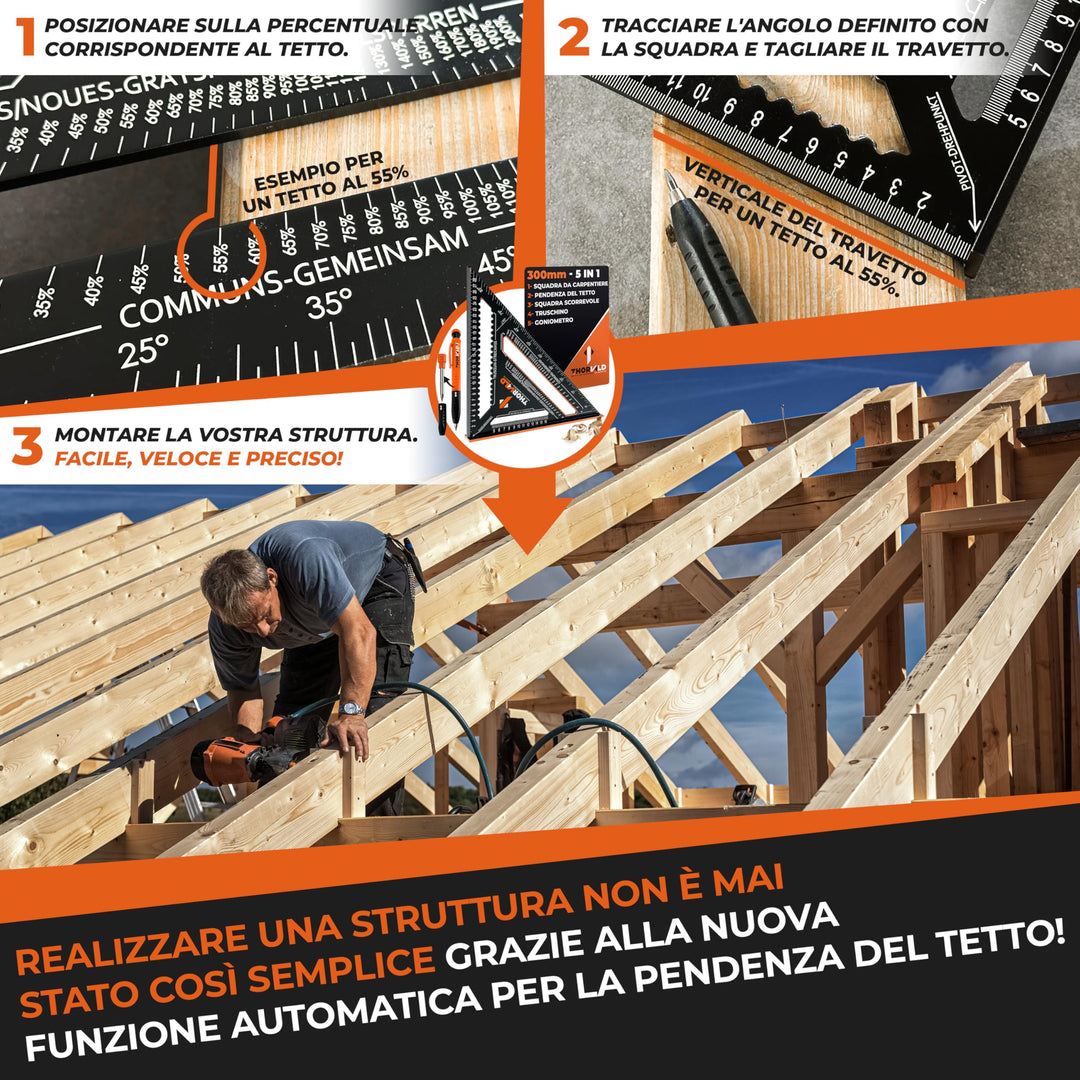 THORVALD Squadra da falegname 5 in 1-300 mm in alluminio + Tieflochmarker - Multifunzionale: Streichmass, Goniometro, Squadra per cappello, Pendenza del tetto – Precisa e robusta