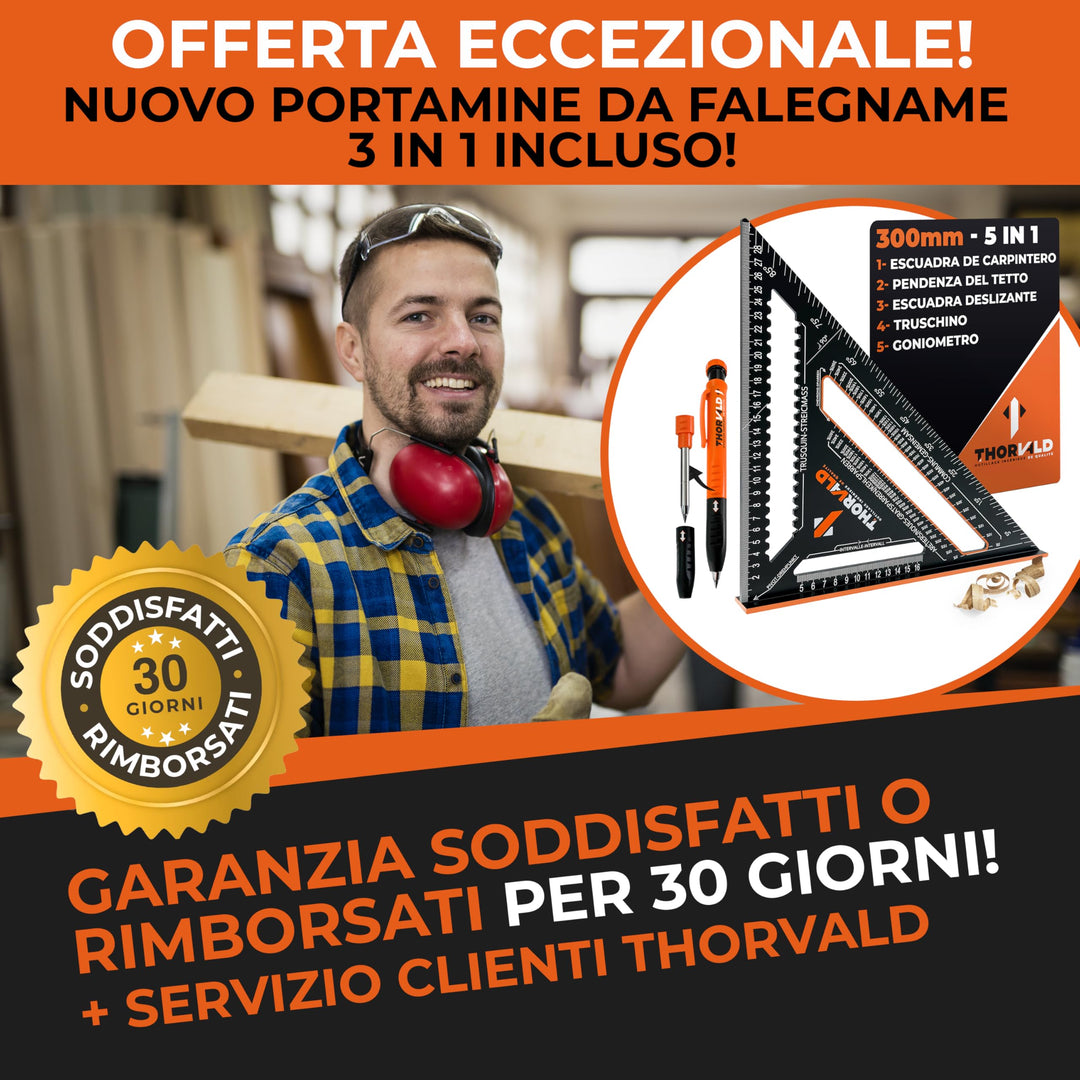 THORVALD Squadra da falegname 5 in 1-300 mm in alluminio + Tieflochmarker - Multifunzionale: Streichmass, Goniometro, Squadra per cappello, Pendenza del tetto – Precisa e robusta