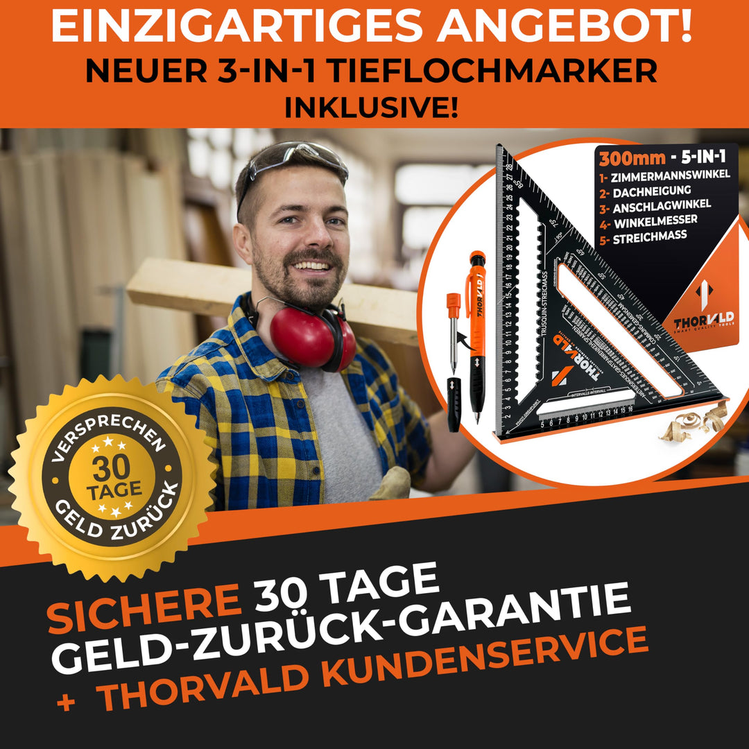 THORVALD 5-in-1 timmermanshoek 300 mm + bouwpotlood - multifunctioneel: Trusquin/gradenboog / visgraatsnijder/hoedhoek - aluminium - tijdbesparend gereedschap