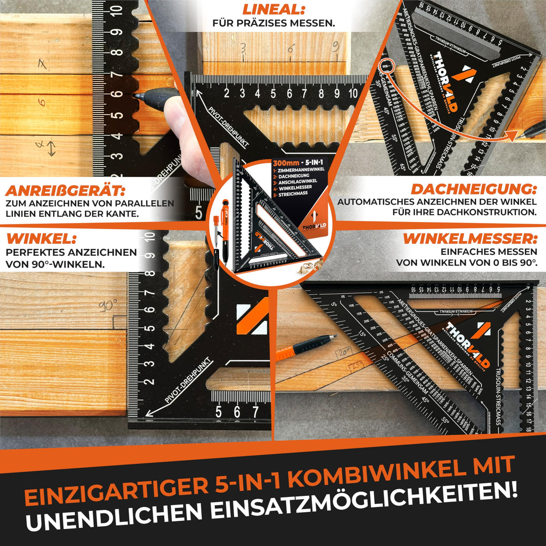 THORVALD 5 in 1 Carpenter Carpenter Square 300 mm + Construction Pencil – Multifunctional: Trunkin/Raportor/Chevron Cutter/Hat Square – Aluminium – Time Saving Tool
