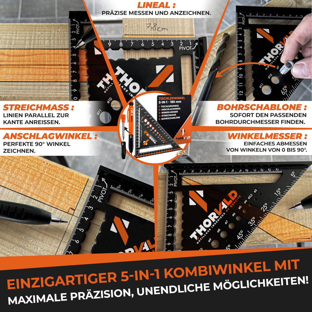 THORVALD Zimmermannswinkel 7-in-1 Set 300 mm + 180 mm Winkelmesser Anschlagwinkel - Inkl. Tieflochmarker - Aluminiumwinkel zum präzisen Anreißen & Zeichnen/Multifunktional Perfekt um Zeit zu sparen