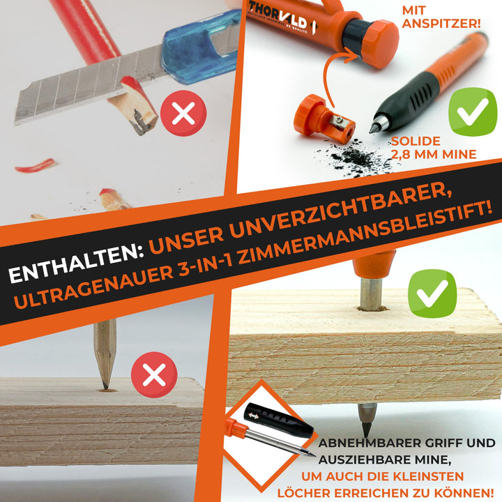 THORVALD Zimmermannswinkel 7-in-1 Set 300 mm + 180 mm Winkelmesser Anschlagwinkel - Inkl. Tieflochmarker - Aluminiumwinkel zum präzisen Anreißen &amp; Zeichnen/Multifunktional Perfekt um Zeit zu sparen