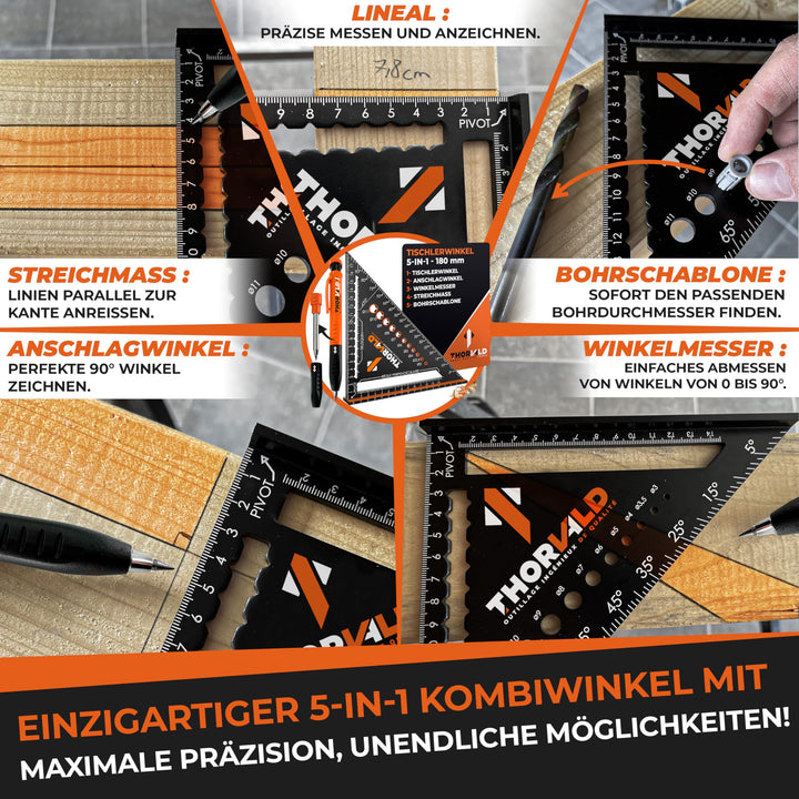 THORVALD Squadra da carpentiere 7 in 1, set da 300 mm + 180 mm, goniometro quadrato di prova, include marcatore per fori profondi, angolo in alluminio per marcatura e disegno precisi/multifunzionale