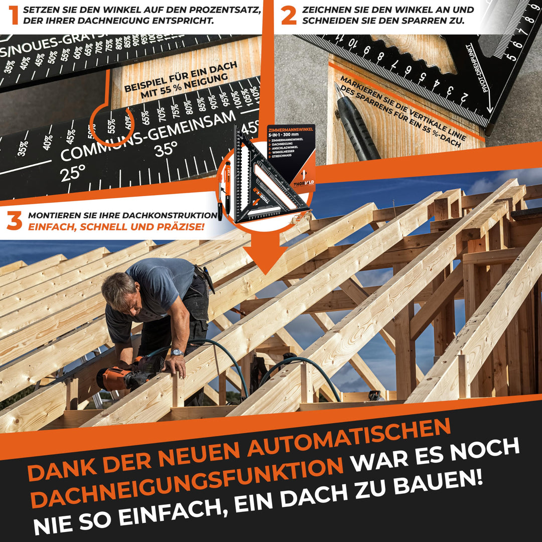 THORVALD Squadra da carpentiere 7 in 1, set da 300 mm + 180 mm, goniometro quadrato di prova, include marcatore per fori profondi, angolo in alluminio per marcatura e disegno precisi/multifunzionale