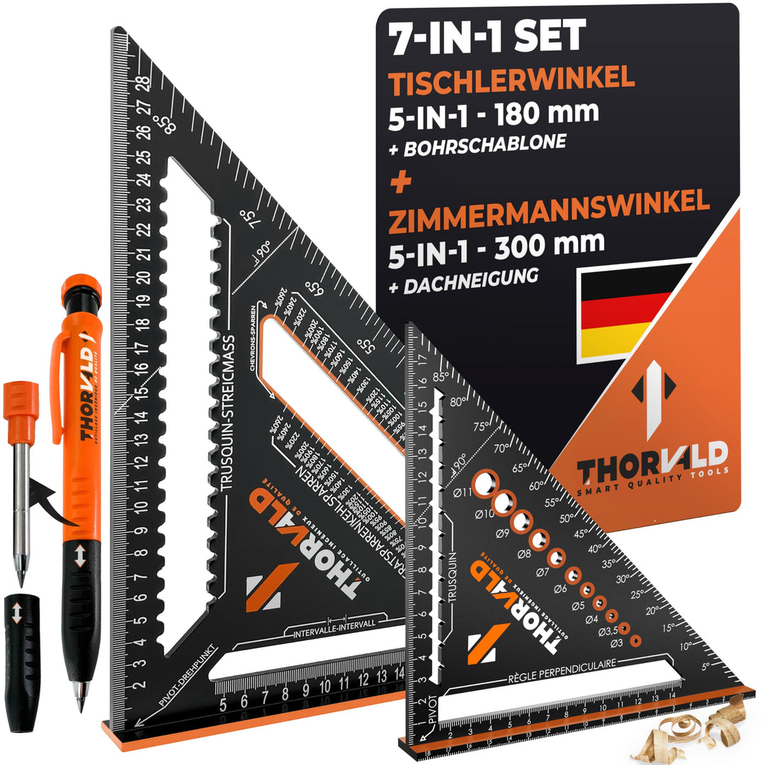 THORVALD Timmermanshoek 7-in-1 Set 300 mm + 180 mm Hoekmeter Aanslaghoek - Incl. Diepgatmarkering - Aluminiumhoek voor nauwkeurig markeren & tekenen/Multifunctioneel Perfect om tijd te besparen