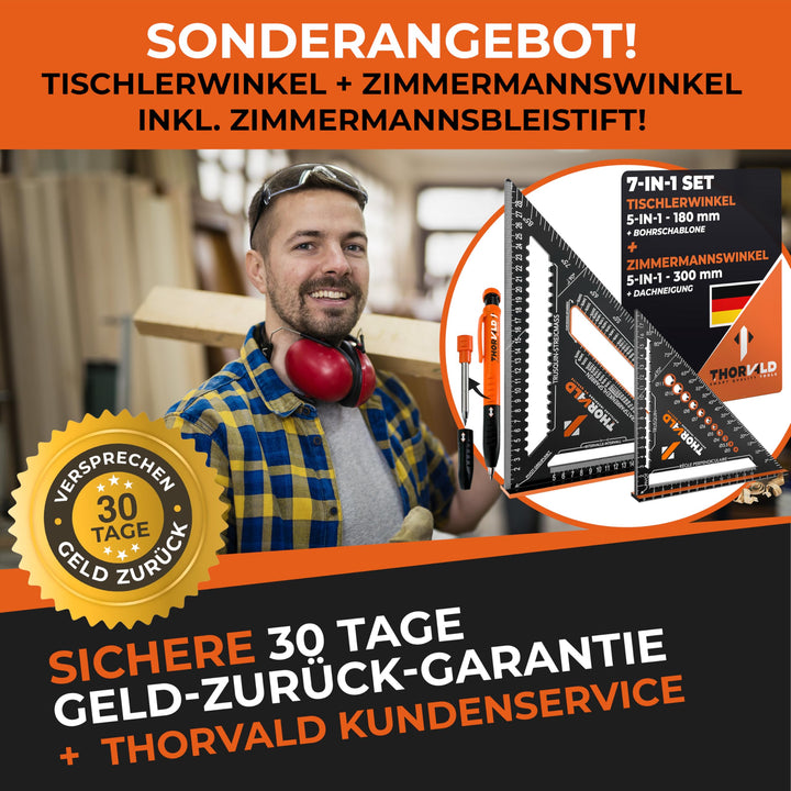 THORVALD Timmermanshoek 7-in-1 Set 300 mm + 180 mm Hoekmeter Aanslaghoek - Incl. Diepgatmarkering - Aluminiumhoek voor nauwkeurig markeren &amp; tekenen/Multifunctioneel Perfect om tijd te besparen