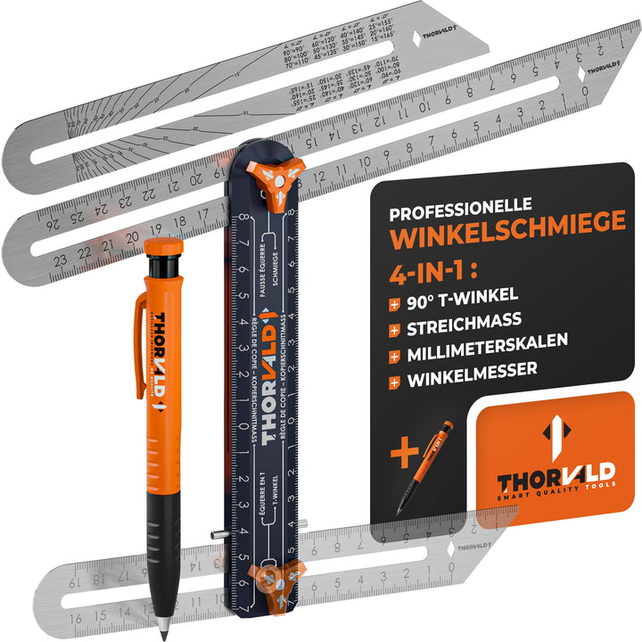 THORVALD 4-in-1 Winkelschmiege + Zimmermannsbleistift + 2 Edelstahl-Lineal 190mm &amp; 265mm - Präzise Winkelübertragung - Eloxiertes Aluminium - Holzbearbeitung, Zimmerei